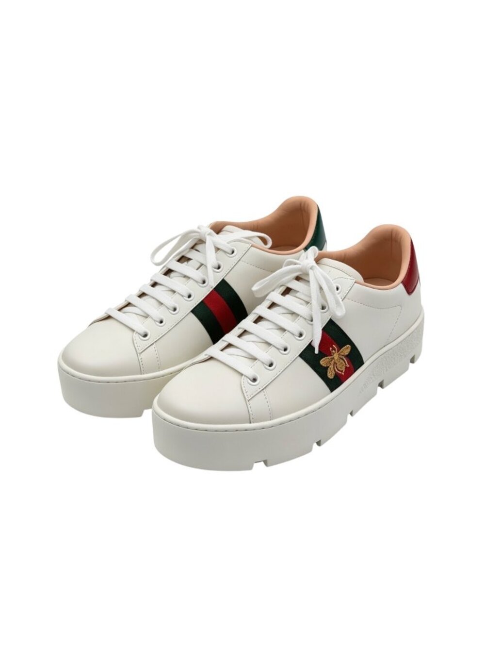 Gucci Ace Platform Bee Web Embroidered Calfskin Sneakers Off-white EU36
